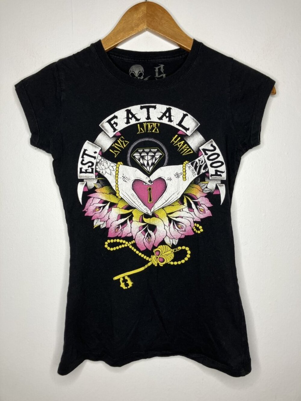 Fatal Clothing Women's Black Graphic Tee Skull Heart Key Floral T-Shirt Y2K XS